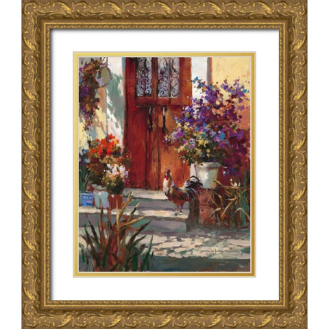 Cottage Rooster Gold Ornate Wood Framed Art Print with Double Matting by Heighton, Brent