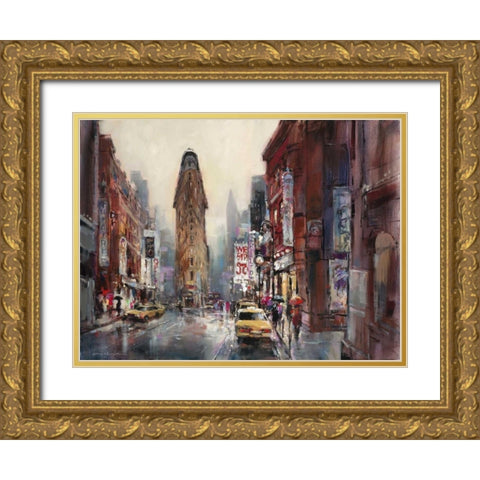 New York Rain Gold Ornate Wood Framed Art Print with Double Matting by Heighton, Brent