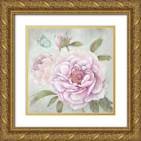 Peony Shimmer Gold Ornate Wood Framed Art Print with Double Matting by Ferri, Stefania