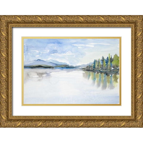 Lakefront Watercolor Gold Ornate Wood Framed Art Print with Double Matting by Gold, Lora