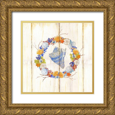 Coastal Wreath and Shell 3 Gold Ornate Wood Framed Art Print with Double Matting by Escobedo, Mary
