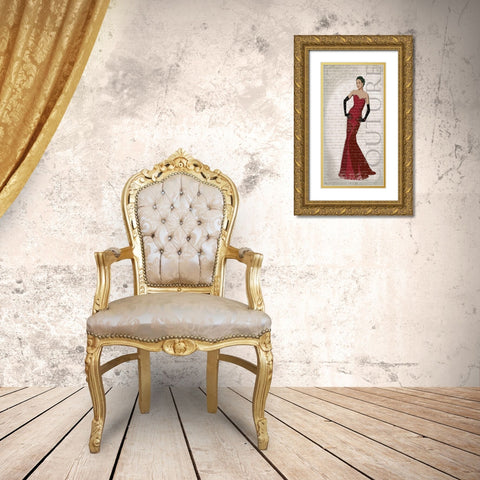 Red Dress Glamour Gold Ornate Wood Framed Art Print with Double Matting by Smith, Sandra
