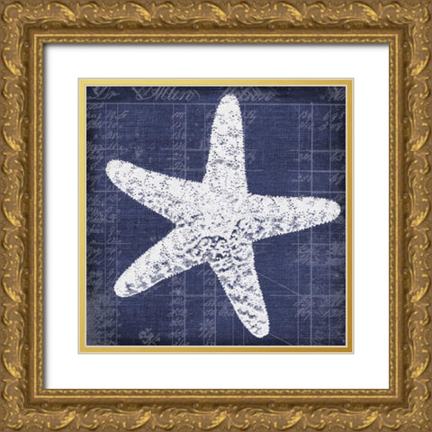 Blue Print Star Fish Gold Ornate Wood Framed Art Print with Double Matting by Robertson, Walter