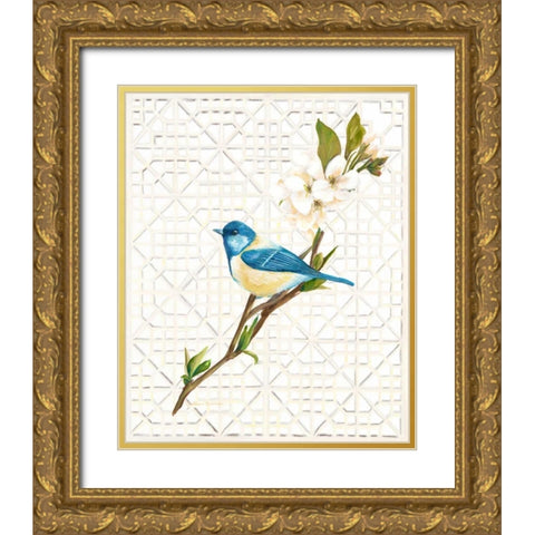 Blue Bird and Trellis Gold Ornate Wood Framed Art Print with Double Matting by Sarah, Colleen
