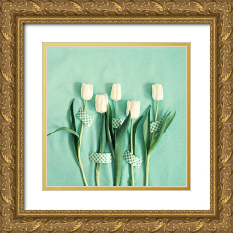 White Tulips Taped Gold Ornate Wood Framed Art Print with Double Matting by Dvorak, Vicki