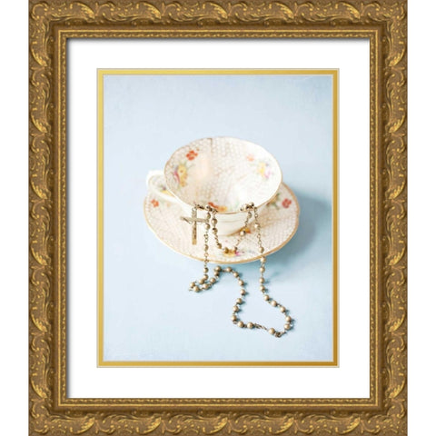 Pretty Teacup and Rosary 1 Gold Ornate Wood Framed Art Print with Double Matting by Susannah Tucker Photography