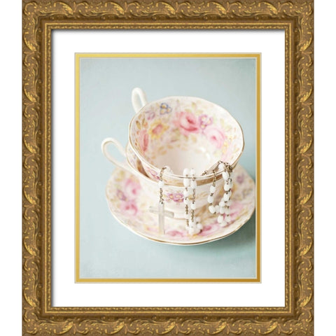 Pretty Teacup and Rosary 2 Gold Ornate Wood Framed Art Print with Double Matting by Susannah Tucker Photography