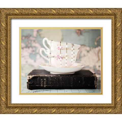 Pretty Teacup and Bible 1 Gold Ornate Wood Framed Art Print with Double Matting by Susannah Tucker Photography