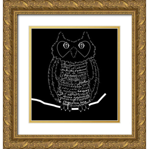French Owl Black Gold Ornate Wood Framed Art Print with Double Matting by De Lauzun, Marion