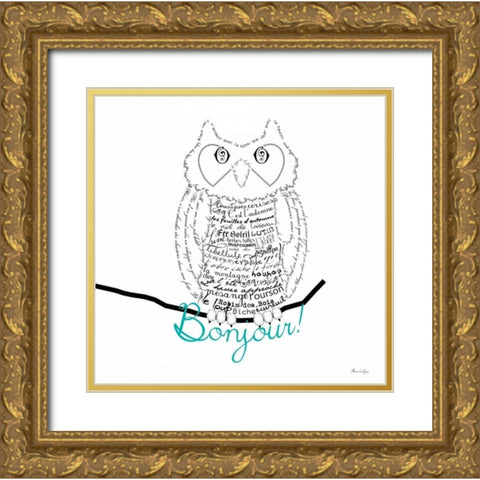 Bonjour Owl Gold Ornate Wood Framed Art Print with Double Matting by De Lauzun, Marion