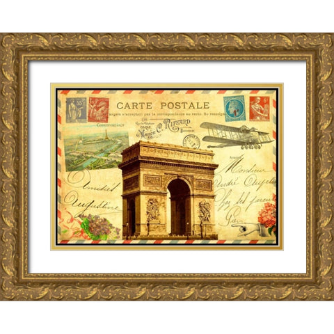 Vintage Paris Postcard Arc de Triomphe Gold Ornate Wood Framed Art Print with Double Matting by De Lauzun, Marion