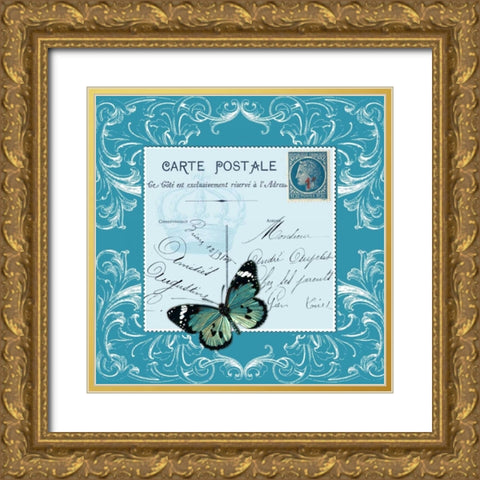 Butterfly Carte Postale Blue Gold Ornate Wood Framed Art Print with Double Matting by De Lauzun, Marion