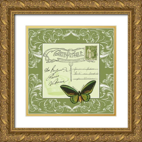 Butterfly Carte Postale Green Gold Ornate Wood Framed Art Print with Double Matting by De Lauzun, Marion