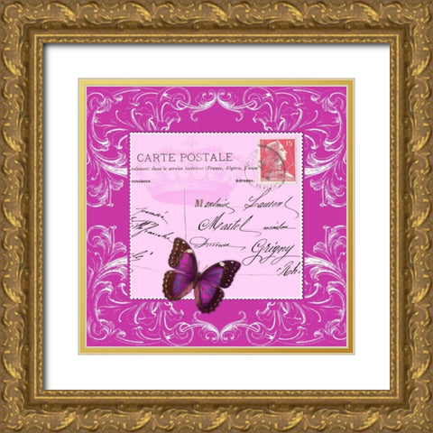 Butterfly Carte Postale Pink Gold Ornate Wood Framed Art Print with Double Matting by De Lauzun, Marion