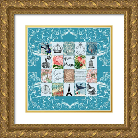 Paris Stamps Grey Gold Ornate Wood Framed Art Print with Double Matting by De Lauzun, Marion
