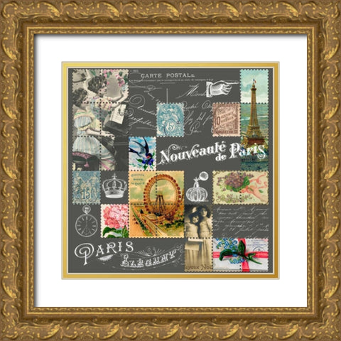 French Stamps Grey Gold Ornate Wood Framed Art Print with Double Matting by De Lauzun, Marion