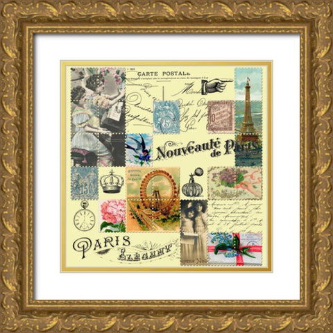 French Stamps Yellow Gold Ornate Wood Framed Art Print with Double Matting by De Lauzun, Marion