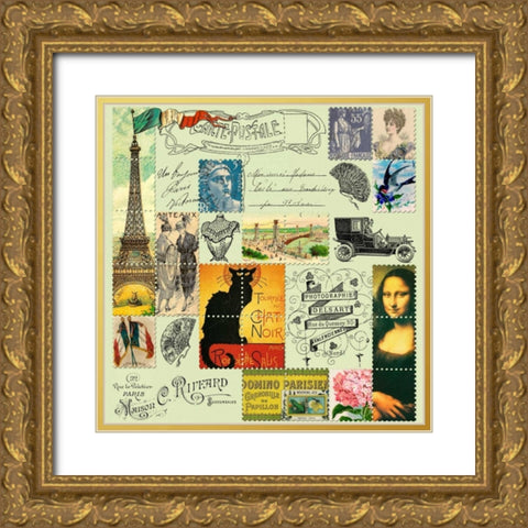 Eiffel Tower Stamps Grey Gold Ornate Wood Framed Art Print with Double Matting by De Lauzun, Marion