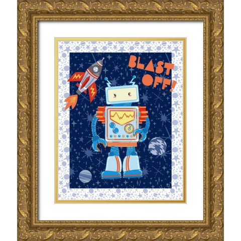 Blast Off Robot Gold Ornate Wood Framed Art Print with Double Matting by Skapriwsky, Christina