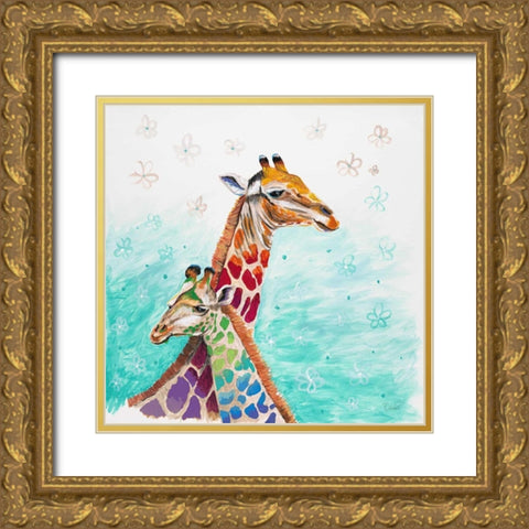 Whimsical Giraffes Gold Ornate Wood Framed Art Print with Double Matting by Walela R.