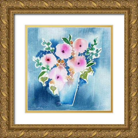 True Blue Bouquet Gold Ornate Wood Framed Art Print with Double Matting by Esther Bley Designs