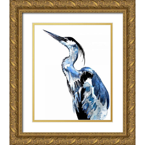 Coastal Blue Egret Gold Ornate Wood Framed Art Print with Double Matting by Smith, Crystal