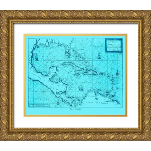 Blue West Indies Gold Ornate Wood Framed Art Print with Double Matting by Adam Shaw Cartography
