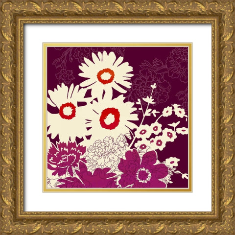 Silhouetted Florals Purple Gold Ornate Wood Framed Art Print with Double Matting by Z Studio