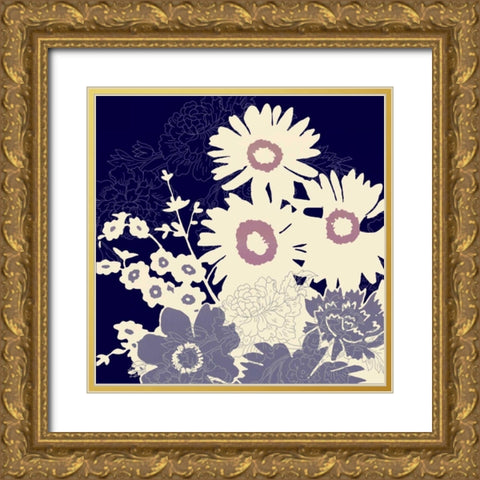 Sihouetted Florals Blue Gold Ornate Wood Framed Art Print with Double Matting by Z Studio