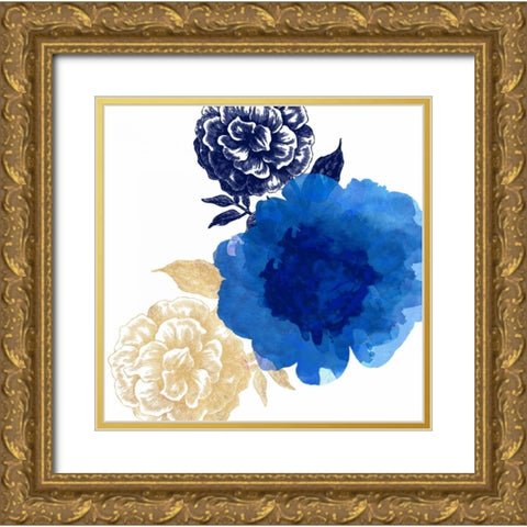 Happy Garden Blue Gold Ornate Wood Framed Art Print with Double Matting by Dos Santos, Bella