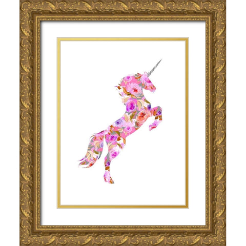 Pink Floral Unicorn Gold Ornate Wood Framed Art Print with Double Matting by Dos Santos, Bella
