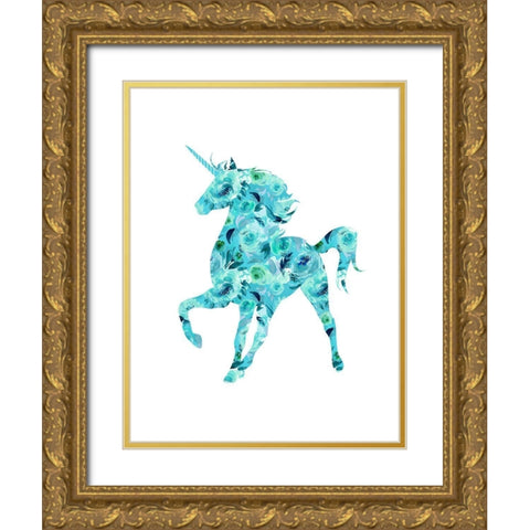 Blue Floral Unicorn Gold Ornate Wood Framed Art Print with Double Matting by Dos Santos, Bella