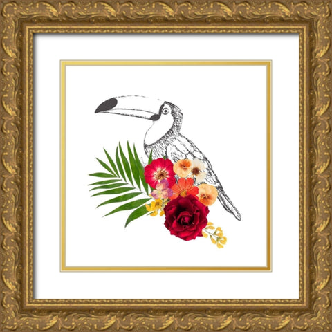 Floral Toucan Gold Ornate Wood Framed Art Print with Double Matting by Dos Santos, Bella