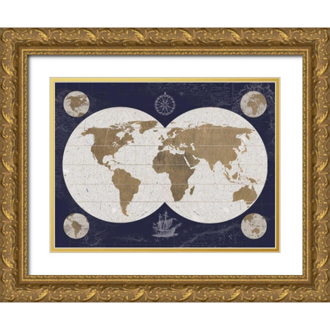 Explorers Map - Blue Gold Ornate Wood Framed Art Print with Double Matting by Appleman, Sam
