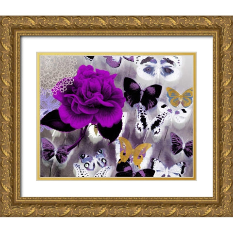 Butterfly Collage Magenta Gold Ornate Wood Framed Art Print with Double Matting by Taylor, Evangeline