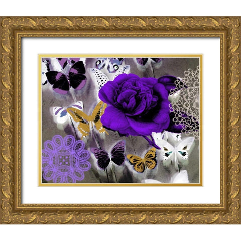 Butterfly Collage Purple Gold Ornate Wood Framed Art Print with Double Matting by Taylor, Evangeline