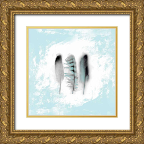 Watercolor Feather Study 3 in Blue Gold Ornate Wood Framed Art Print with Double Matting by Taylor, Evangeline