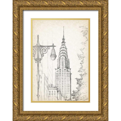 A New York Avenue Sketch Gold Ornate Wood Framed Art Print with Double Matting by Art Atelier Alliance