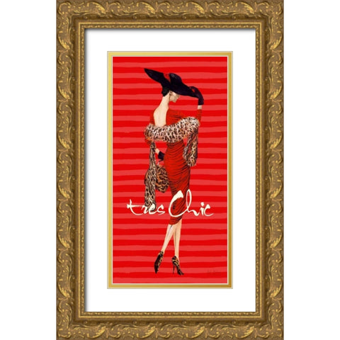 Tres Chic Fashion Illustration In Red Gold Ornate Wood Framed Art Print with Double Matting by Art Atelier Alliance