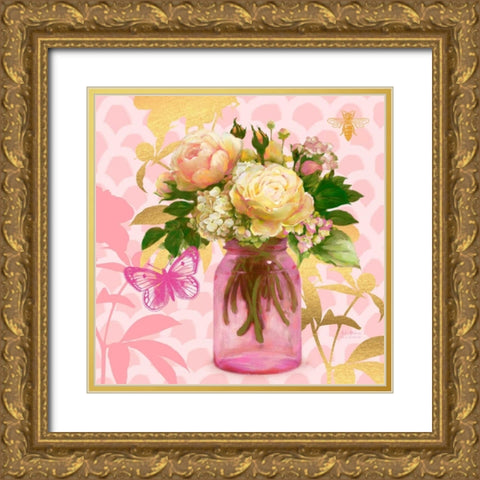 Pink Mason Jar Bouquet Gold Ornate Wood Framed Art Print with Double Matting by Art Atelier Alliance