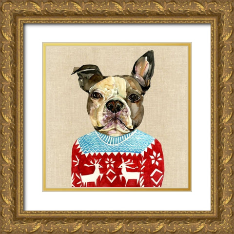 French Bulldog in a Red Sweater Gold Ornate Wood Framed Art Print with Double Matting by Jing, Jin
