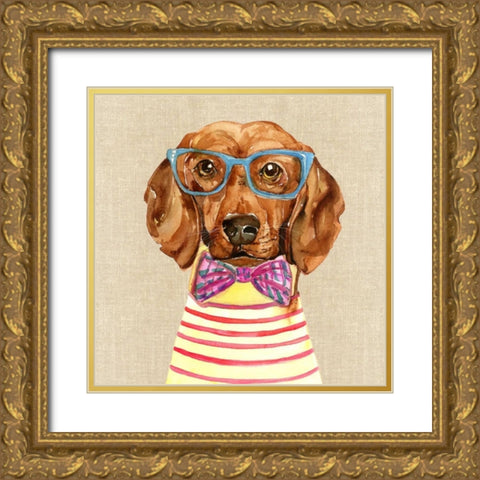 Dachshund With Fashion Glasses Gold Ornate Wood Framed Art Print with Double Matting by Jing, Jin