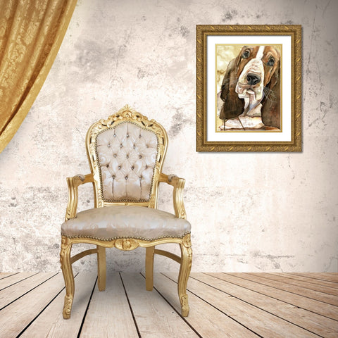 Sweet Basset Hound Gold Ornate Wood Framed Art Print with Double Matting by Jing, Jin