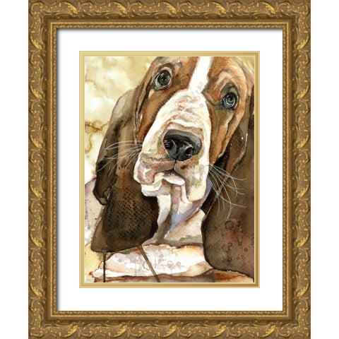 Sweet Basset Hound Gold Ornate Wood Framed Art Print with Double Matting by Jing, Jin