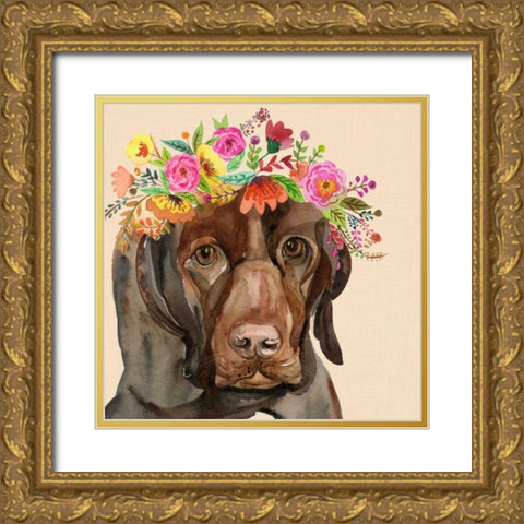 Dog with a wreath of colorful blossoms I Gold Ornate Wood Framed Art Print with Double Matting by Jing, Jin