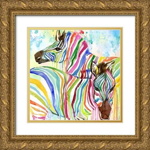 Multicolor Zebras Gold Ornate Wood Framed Art Print with Double Matting by Jing, Jin