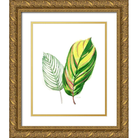 Tropical Striped Leaf Gold Ornate Wood Framed Art Print with Double Matting by Jing, Jin