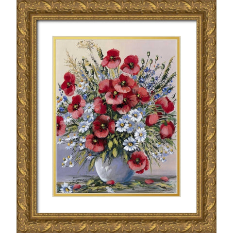 Red poppies Gold Ornate Wood Framed Art Print with Double Matting by Paleta, Anna