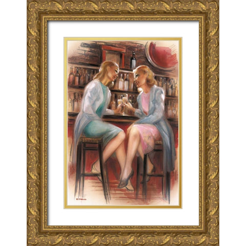Bar conversations II Gold Ornate Wood Framed Art Print with Double Matting by Denis, E