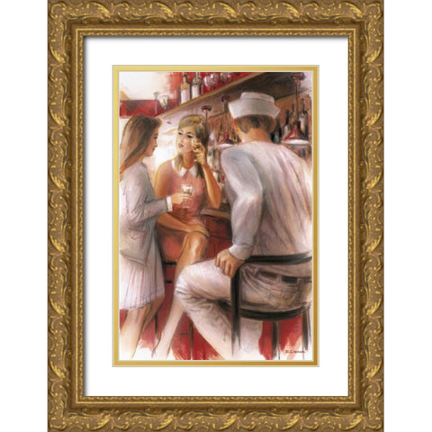 Bar conversations IV Gold Ornate Wood Framed Art Print with Double Matting by Denis, E